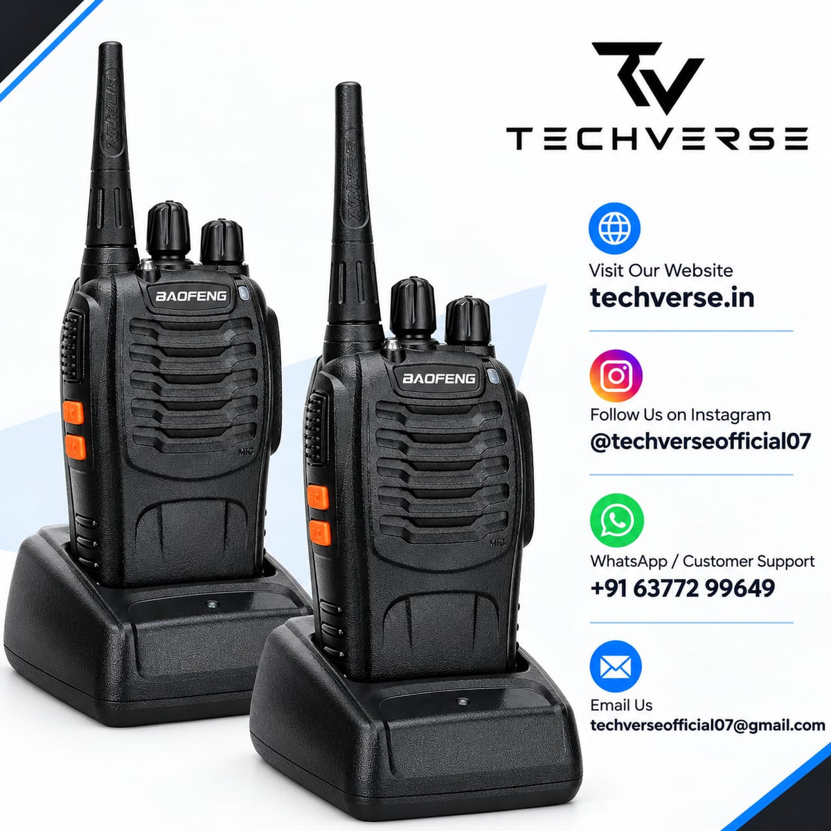 Techverse Baofeng BF-888S Walkie Talkie – 5W UHF, 16 Channel Long Range Two Way Radio (Pair)