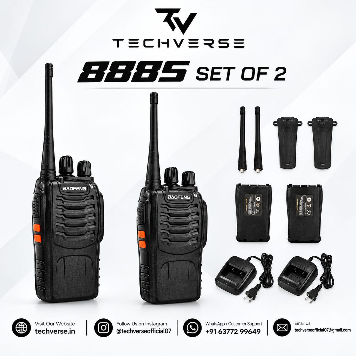 Techverse Baofeng BF-888S Walkie Talkie – 5W UHF, 16 Channel Long Range Two Way Radio (Pair)