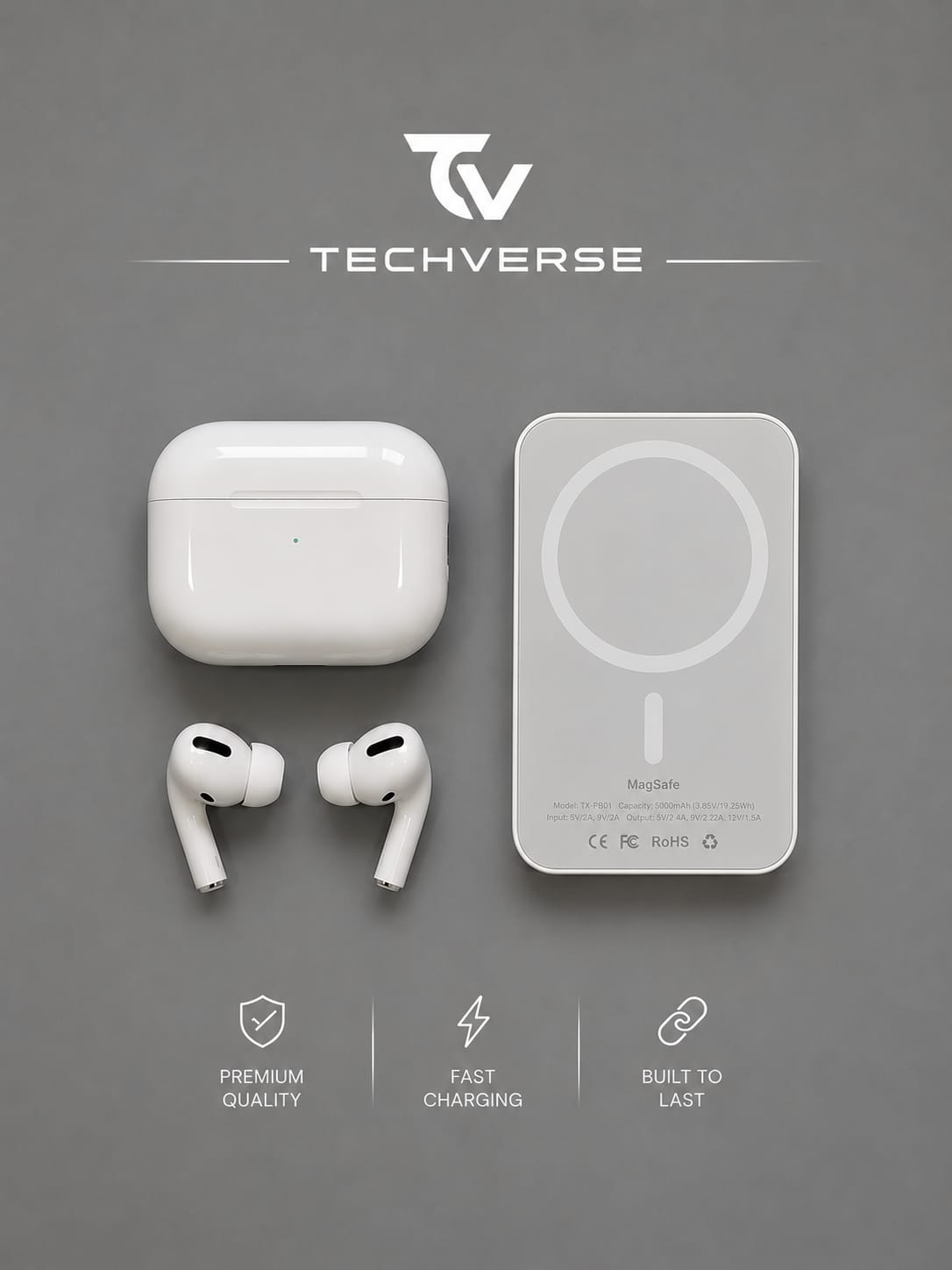 TechVerse Premium Combo – TechPods Pro 2nd Gen + 10000mAh MagSafe Power Bank + FREE Scratch-Proof Case