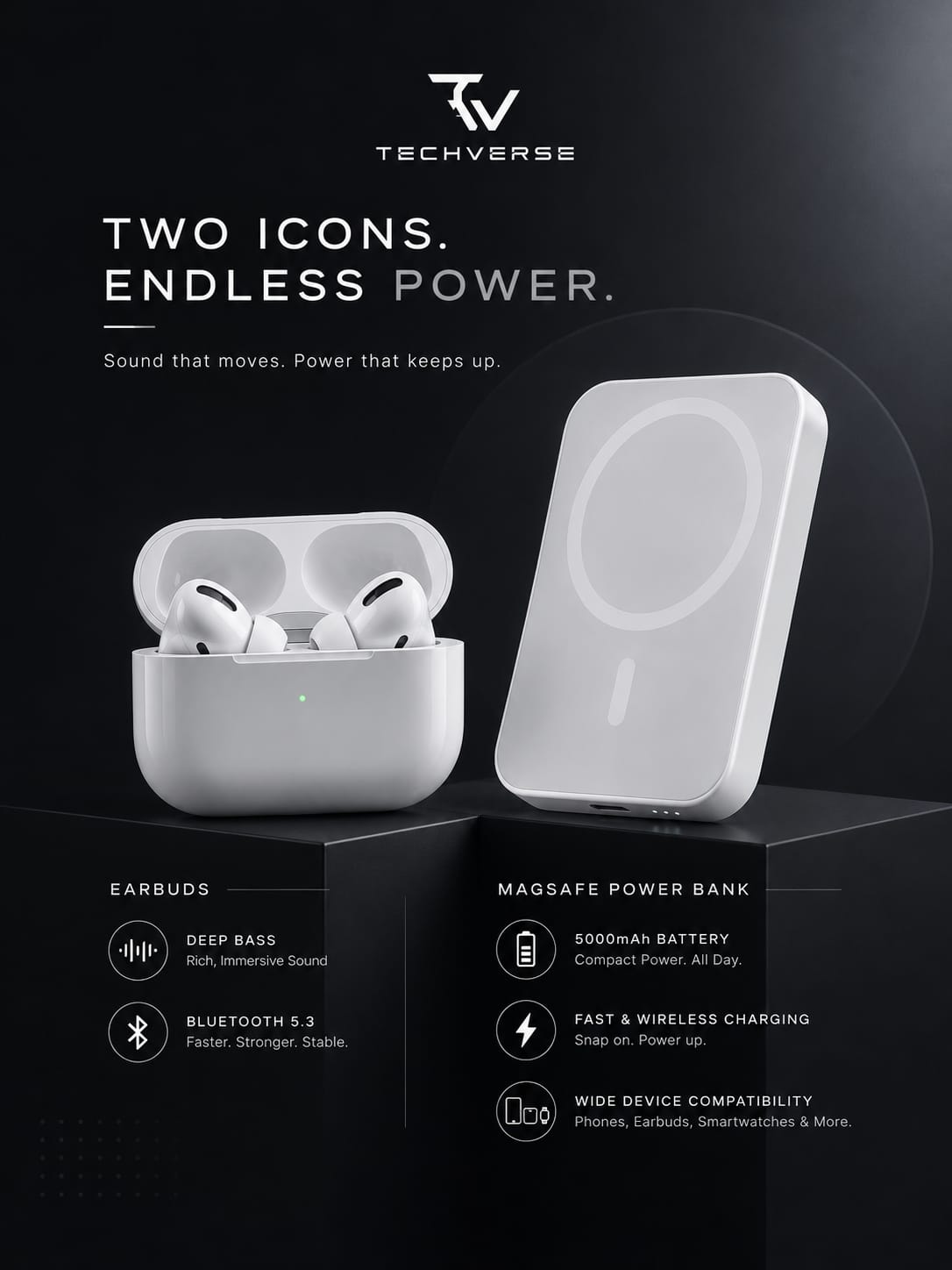 TechVerse Premium Combo – TechPods Pro 2nd Gen + 5000mAh MagSafe Power Bank + FREE Scratch-Proof Case