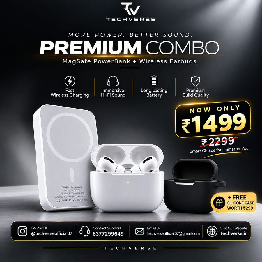 TechVerse Premium Combo – TechPods Pro 2nd Gen + 5000mAh MagSafe Power Bank + FREE Scratch-Proof Case
