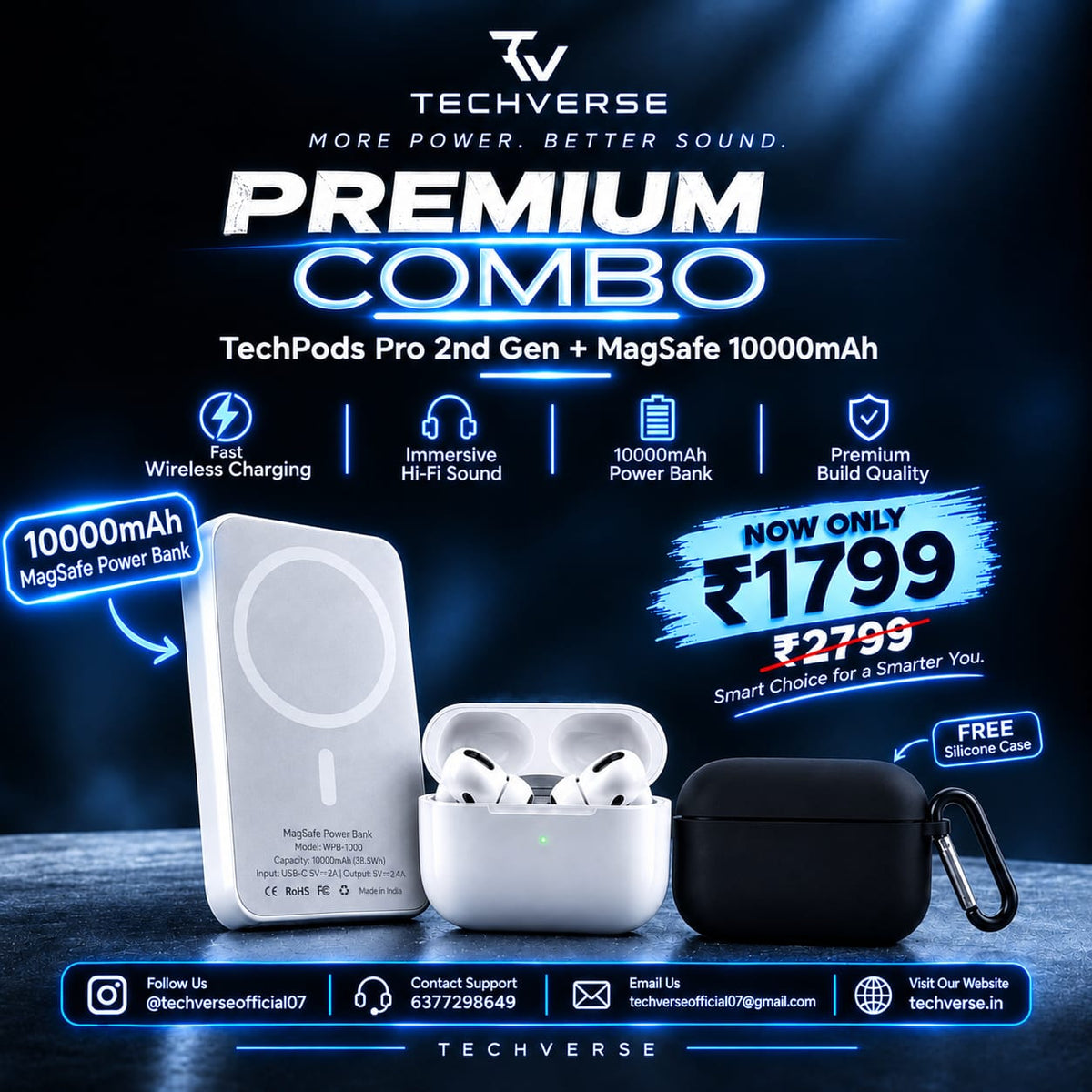 TechVerse Premium Combo – TechPods Pro 2nd Gen + 10000mAh MagSafe Power Bank + FREE Scratch-Proof Case