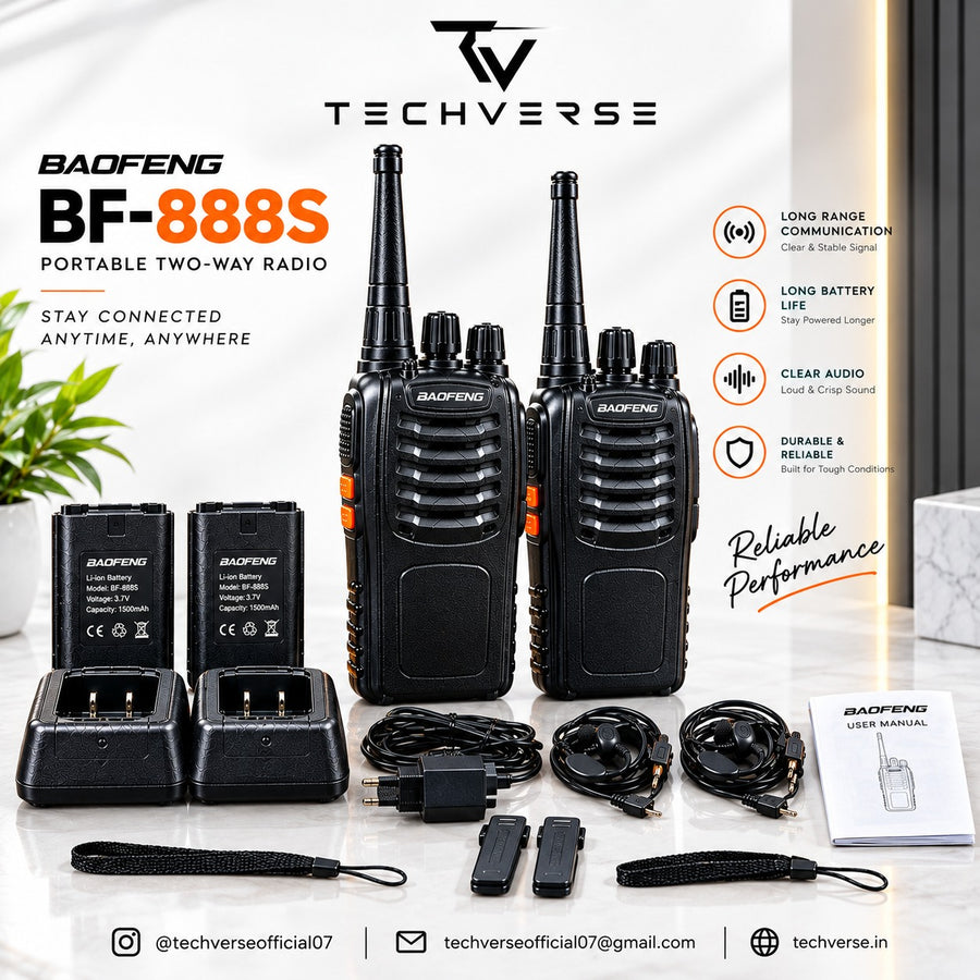 Techverse Baofeng BF-888S Walkie Talkie – 5W UHF, 16 Channel Long Range Two Way Radio (Pair)